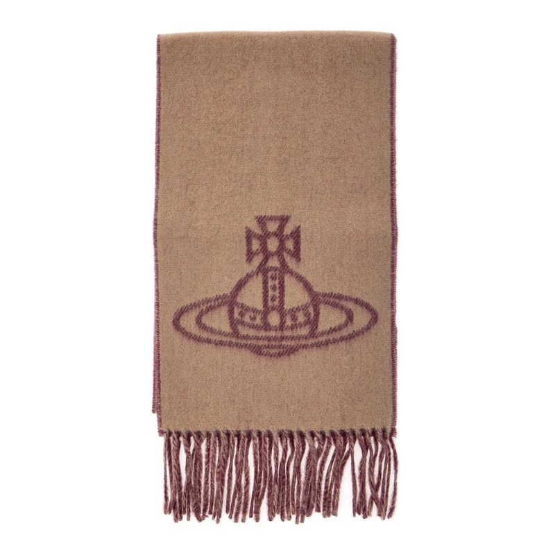 Beige Scarf with Fringed Hem and Orb Embroidery on the Front in Wool Unisex