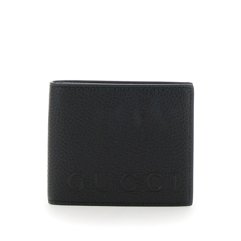 Black Bi-Fold Wallet with Embossed Logo Lettering on the Front in Grained Leather Man