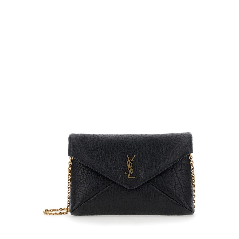 Black Clutch with Chain-Link Shoulder Strap and Cassandre Plaque on the Front in Grained Leather Woman