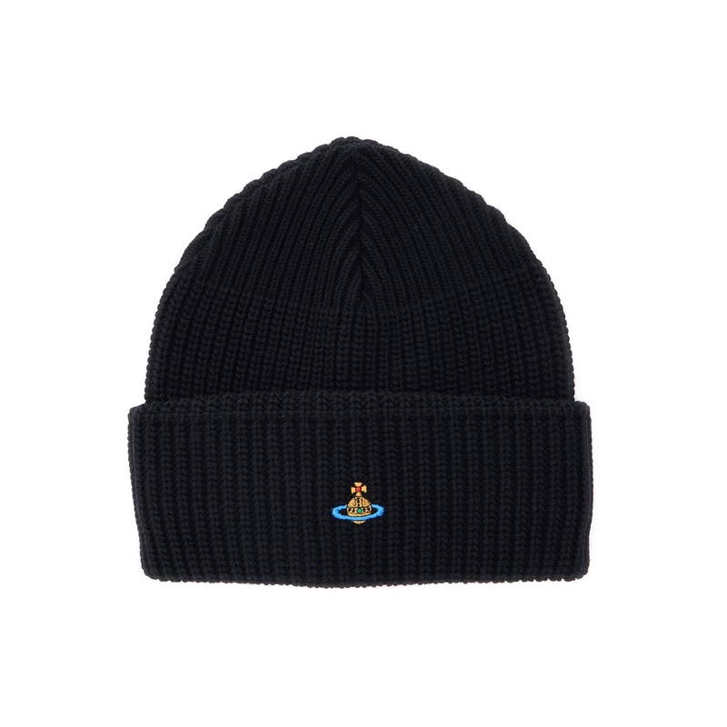 Black Ribbed Beanie with Orb Logo Embroidered in Wool Unisex