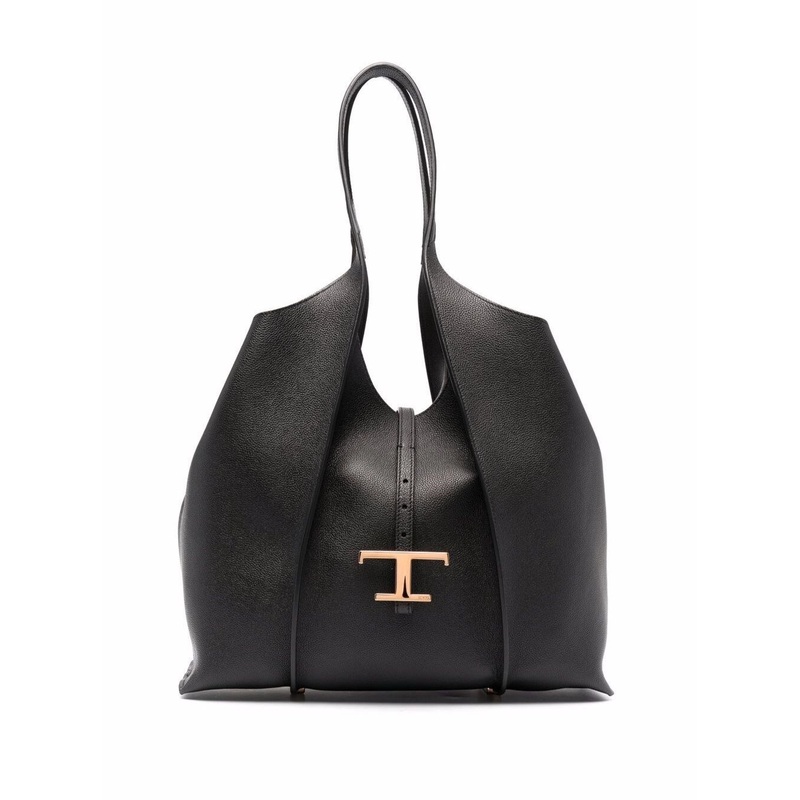 Black Tote Bag with T Timeless Charm in Leather Woman