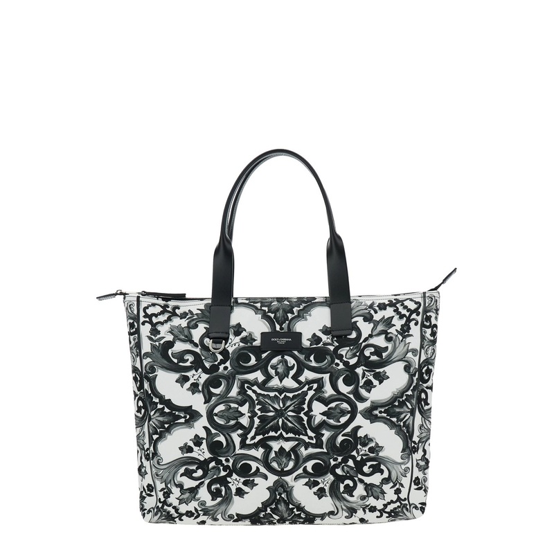 Black Tote Bag with Top Zip Closure and All-Over Print in Tech Fabric Man