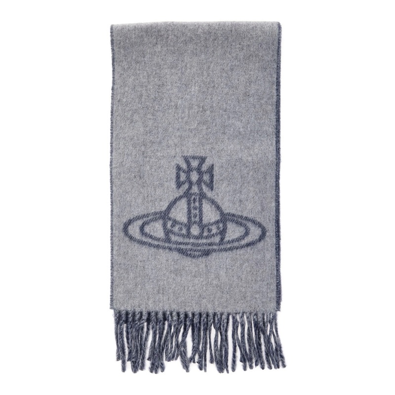 Grey Scarf with Fringed Hem and Orb Embroidery on the Front in Wool Unisex