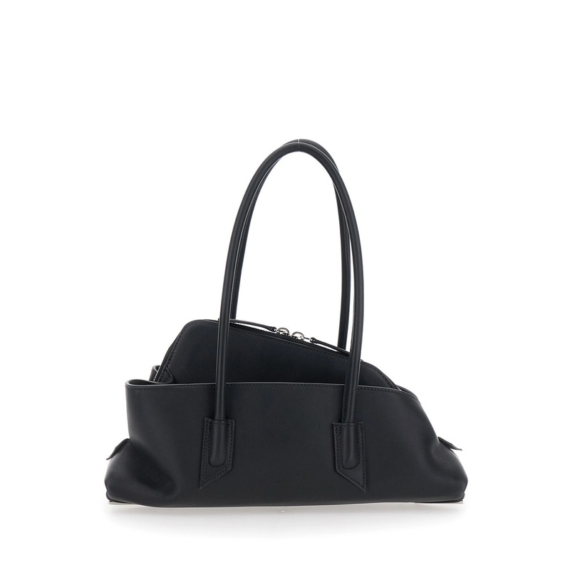 ‘La Passeggiata Small’ Black Shoulder Bag with Tubular Handles and Impressed Logo on the Front in Leather Woman