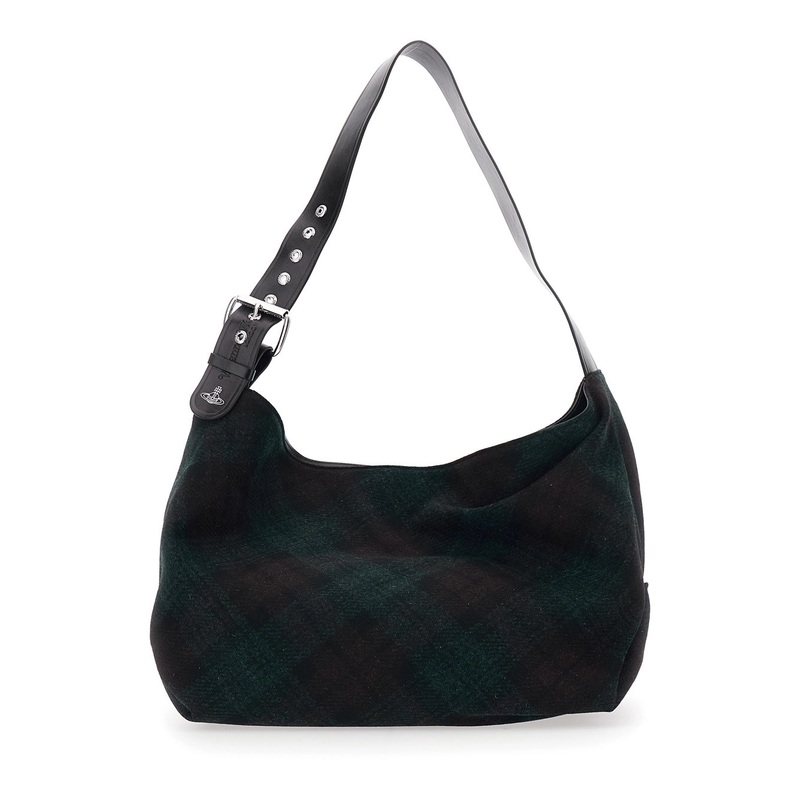 ‘Maxime Grande’ Dark Green Shoulder Bag with Adjustable Strap and Tartan Pattern in Wool Woman