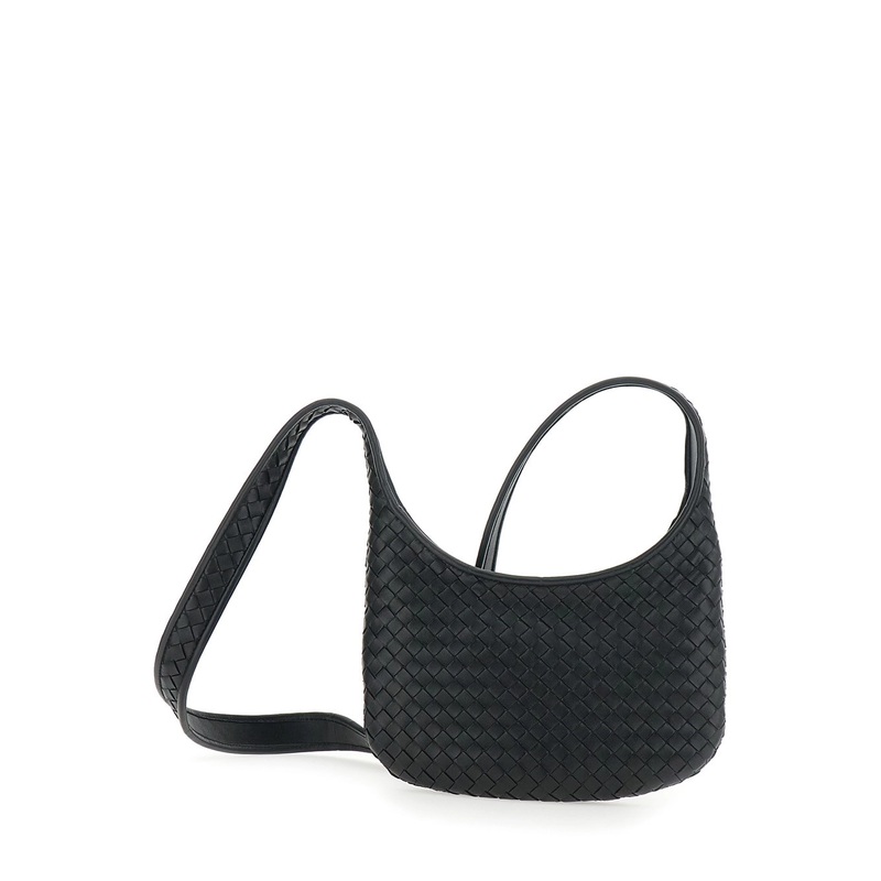 ‘Veneto’ Black Shoulder Bag with Fixed Shoulder Strap and All-Over Intrecciato Motif in Leather Man