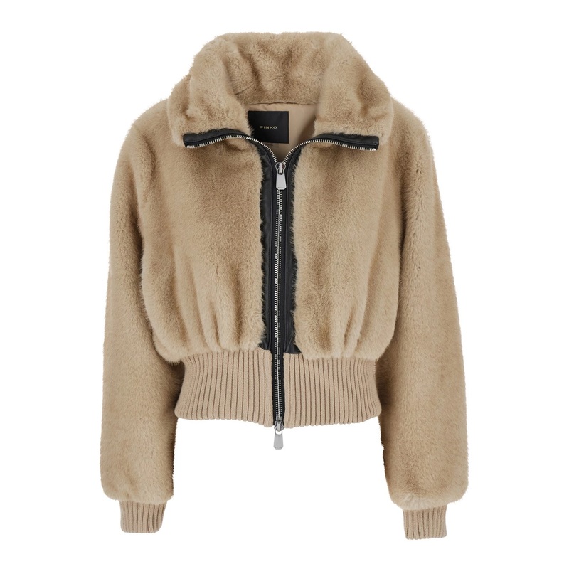 ‘Bagels’ Beige Bomber Jacket with Front Zip Closure in Ecofur Woman