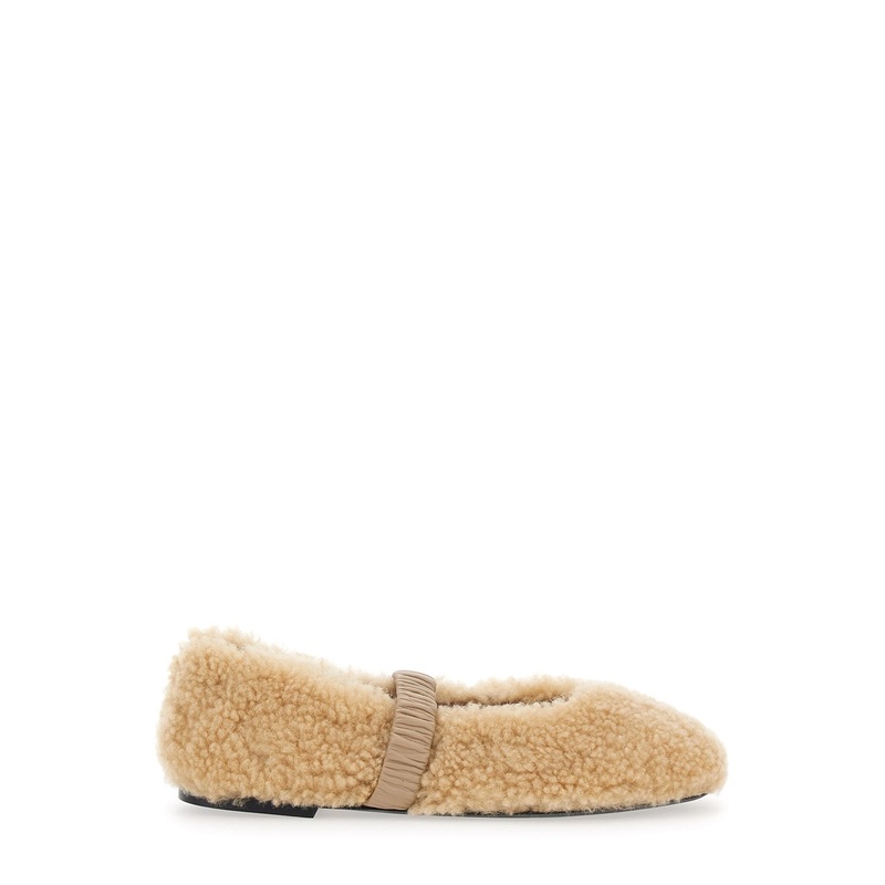 Beige Ballerinas with Elastic Band and Shearling Design in Leather Woman