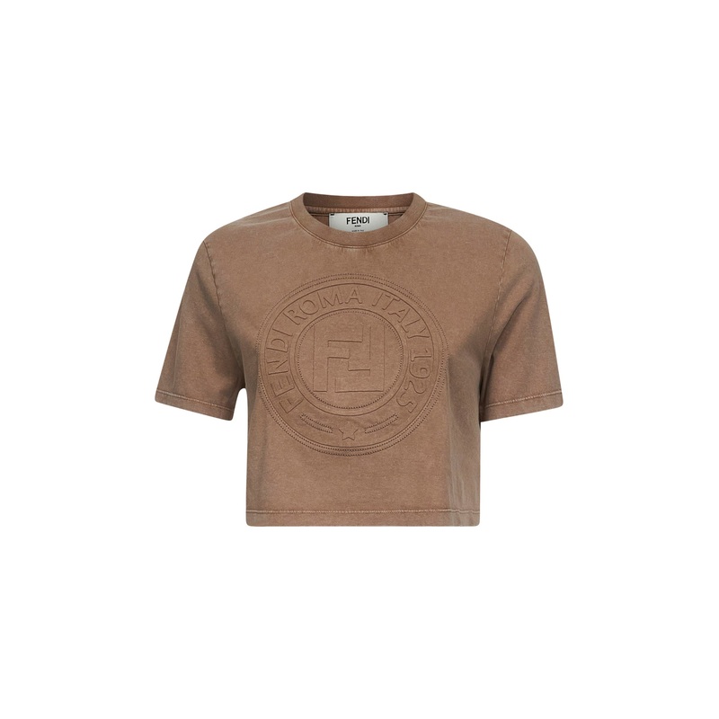 Beige cotton logo crop T-shirt