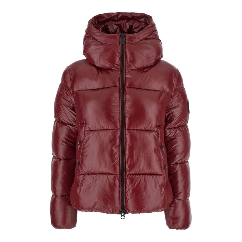 ‘Biddy’ Bordeaux Down Jacket with Hood and Logo on the Sleeve in Tech Fabric Woman