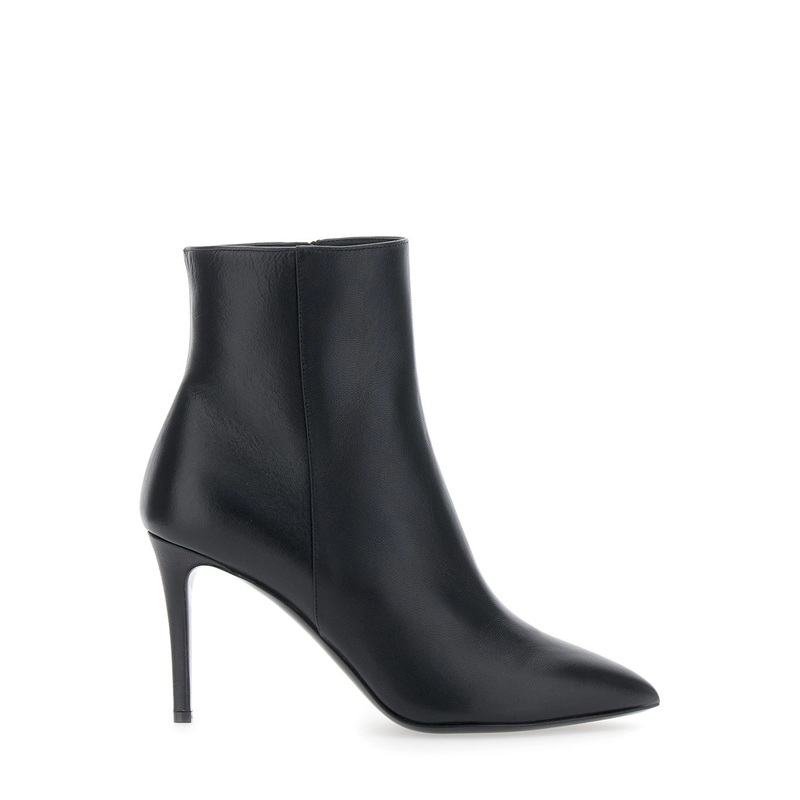 Black Ankle Boots with Stiletto Heel and Pointed Toe in Leather Woman