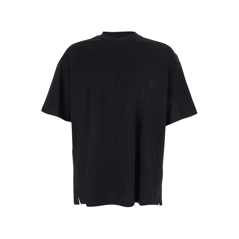 Black Crewneck T-Shirt with Logo Patch on the Front and Floral Motif on the Rear in Cotton Man