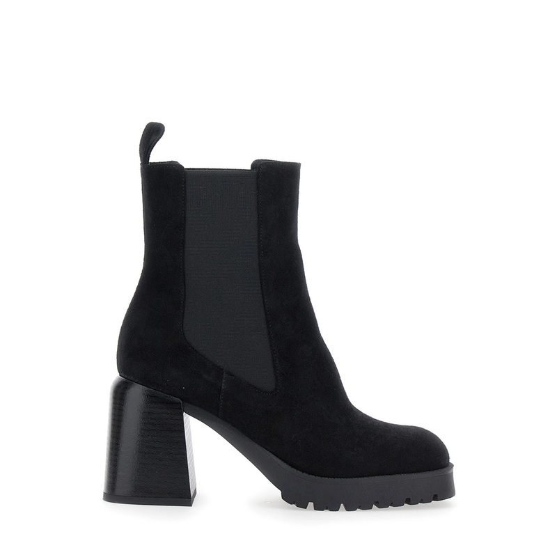 Black Elasticated Band Block Heel Ankle Boots in Suede Woman
