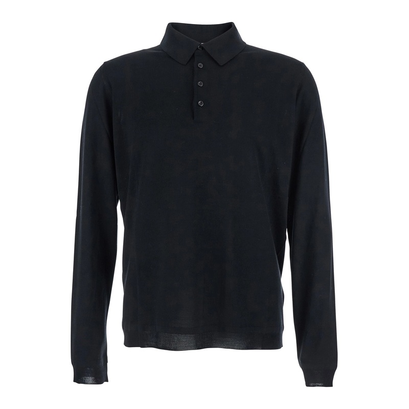 Black Polo Shirt with Long Sleeves and Classic Collar in Wool Man
