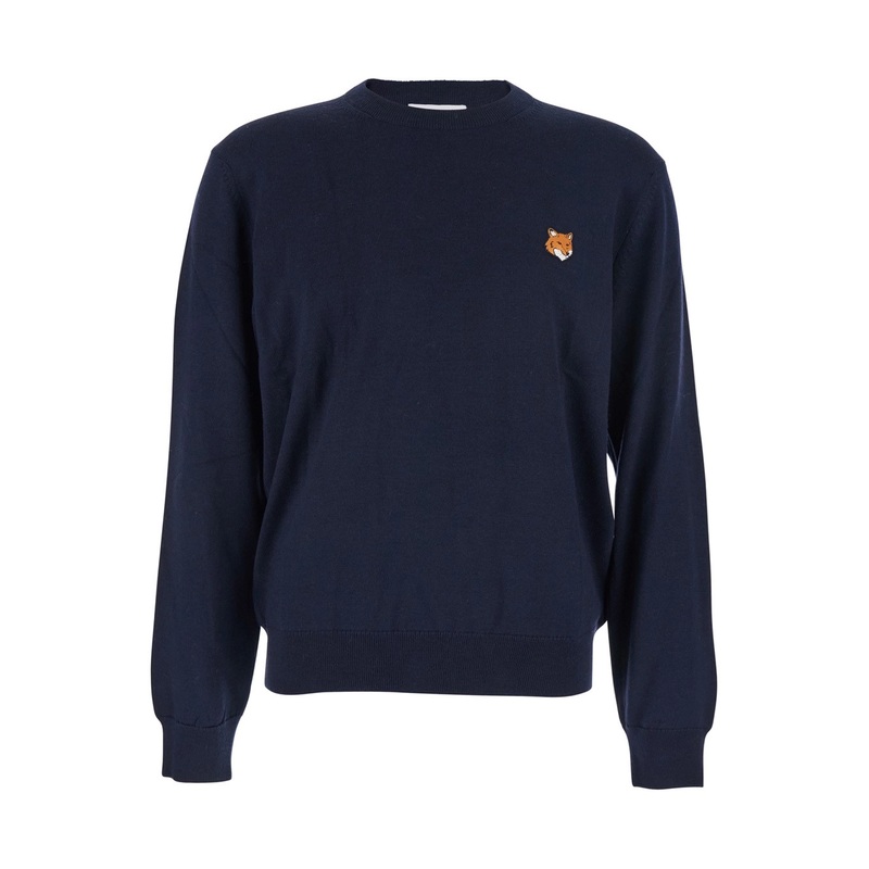 Blue Crew Neck Sweater with Fox Patch on the Front in Wool Man