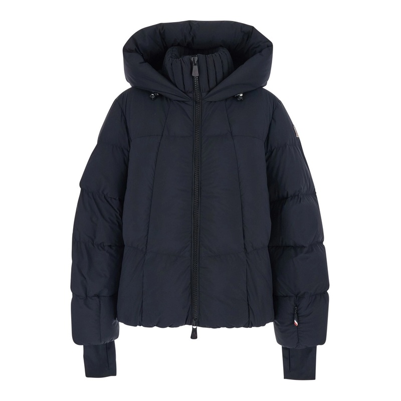 ‘Bonnieure’ Black Down Jacket with Drawstring Hood and Logo Patch on the Sleeve in Tech Fabric Woman