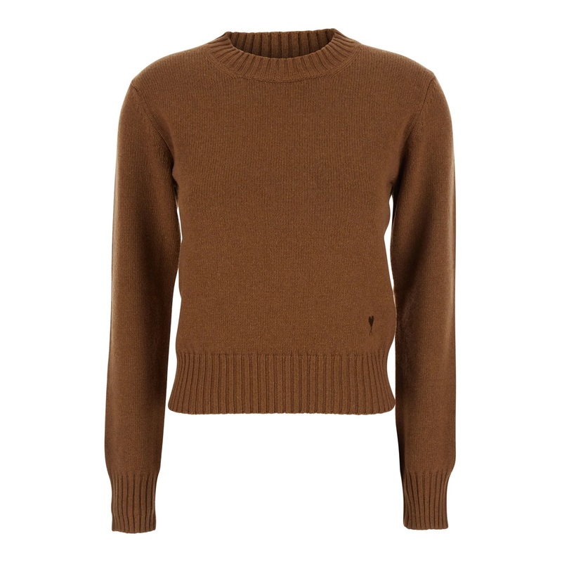 Brown Crewneck Sweater with ADC Embroidery in Cashmere Woman