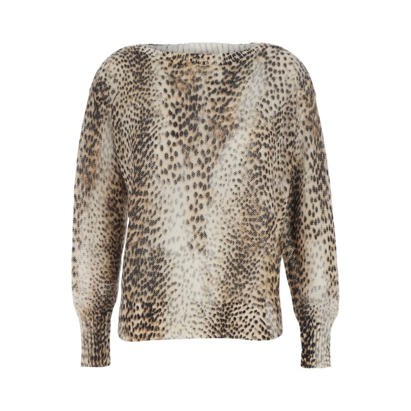 Brown Crewneck Sweater with All-Over Leopard Motif in Wool Blend Woman