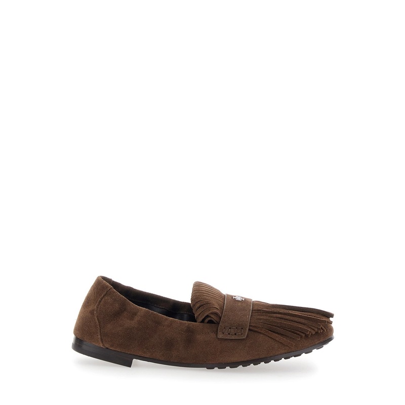 Brown Loafers with Fringe and Metallic Logo in Suede Woman