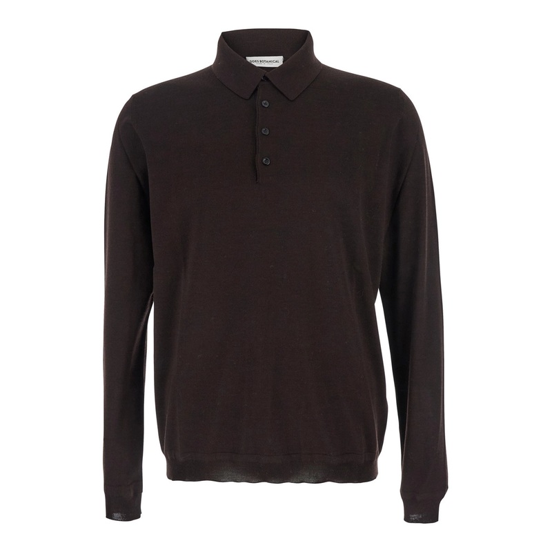 Brown Polo Shirt with Long Sleeves and Classic Collar in Wool Man