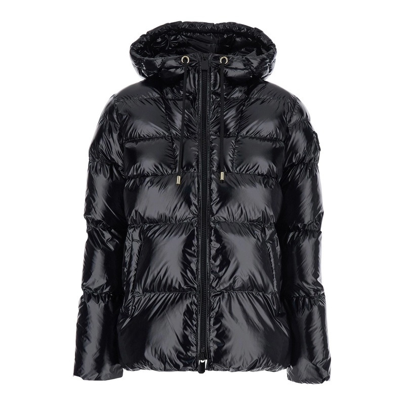 ‘Eleodoro’ Black Down Jacket with Drawstring Hood and Love Birds Diamond Cut Patch on the Fornt in Tech Fabric Woman