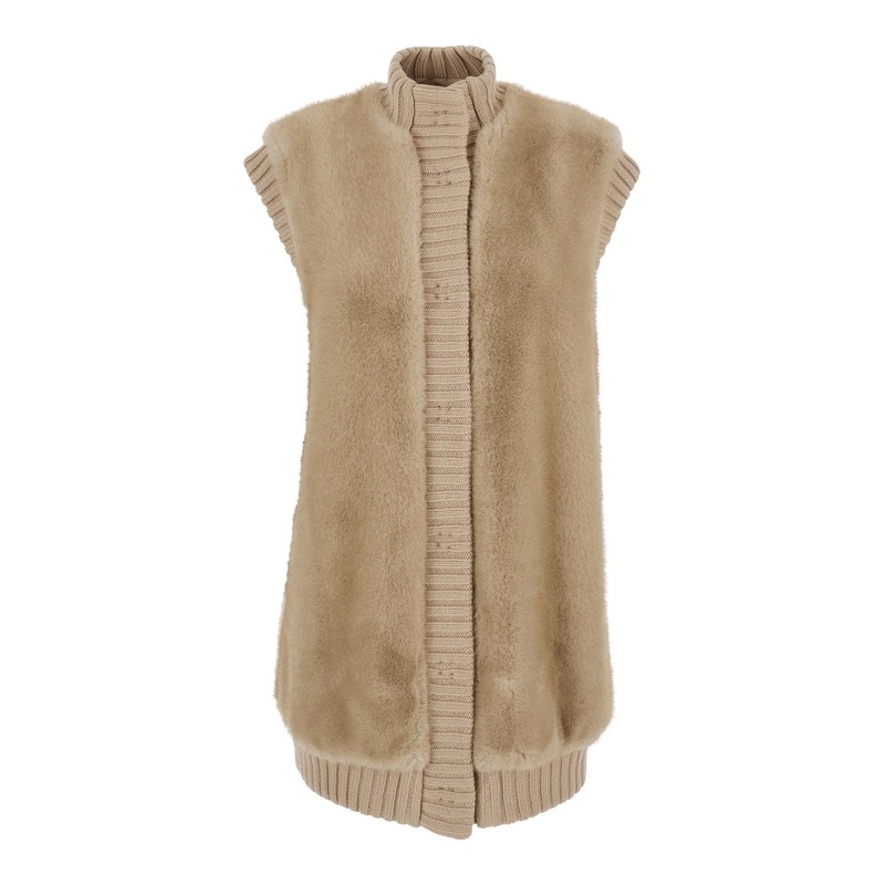 ‘Genovese’ Beige Sleeveless Vest with High Neck and Ribbed Details  in Ecofur Woman