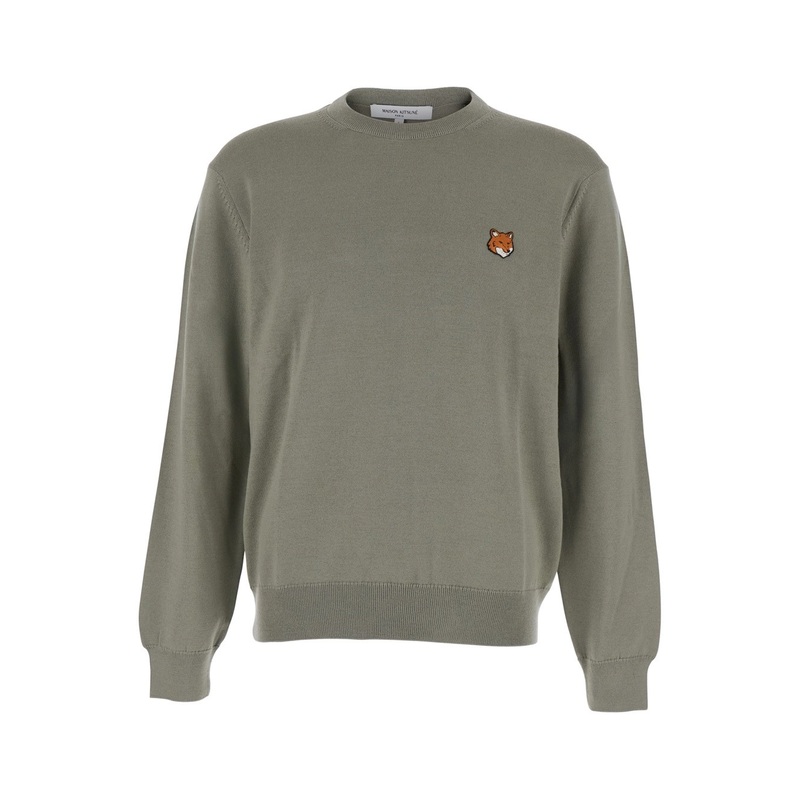 Green Crew Neck Sweater with Fox Patch on the Front in Wool Man