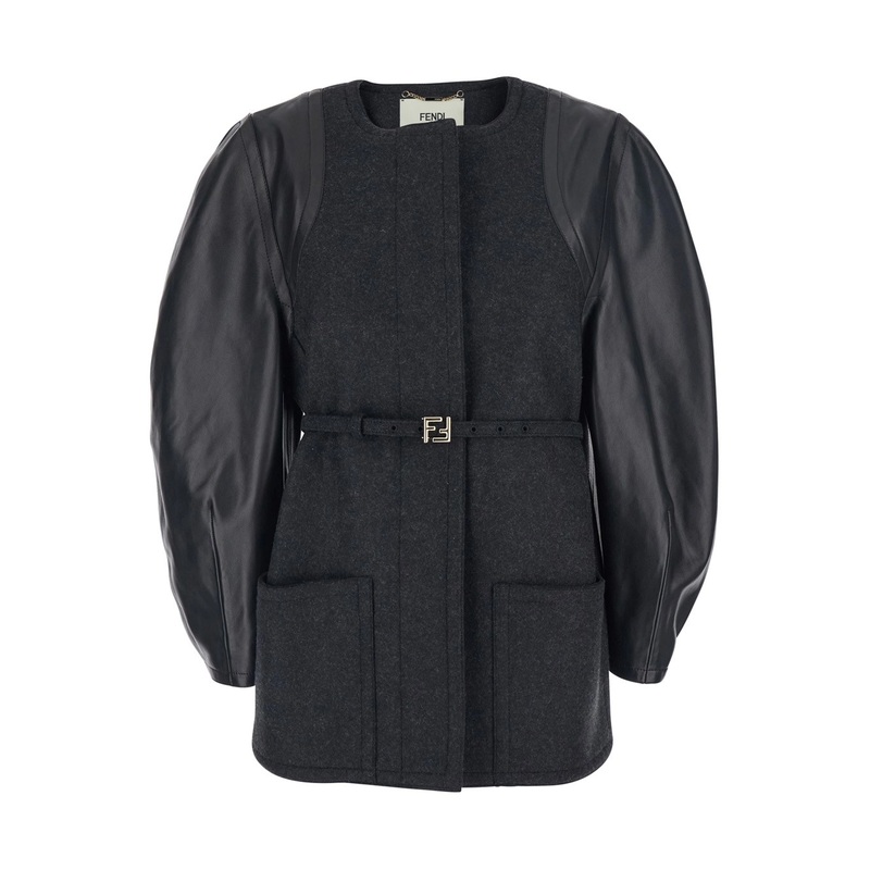 Grey Crewneck Jacket with Puffed Leather Sleeves in Wool Woman