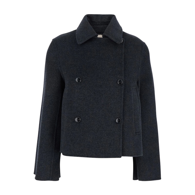 Grey Cropped Double-Breasted Jacket with Bell Sleeves and Notched Collar in Wool Woman