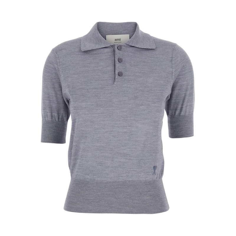 Grey Polo Shirt with Classic Collar and Logo Embroidery on the Front in Wool and Silk Woman