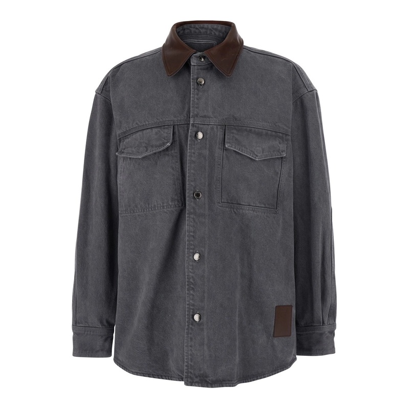 Grey Shirt with Patch Pockets on the Chest and Back Print in Denim Man