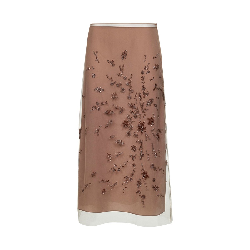 Pink tulle embroidered longuette skirt