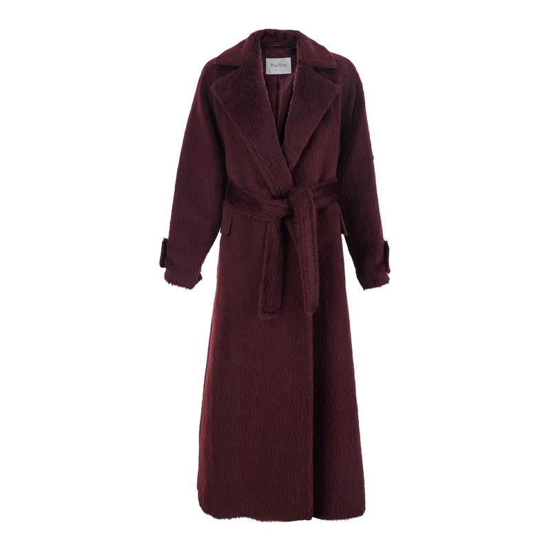 ‘Albata’ Bordeaux Coat with Peak Revers and Front Belt Closure in Wool Woman