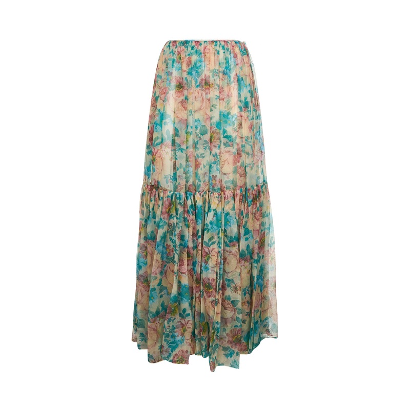 Beige printed silk muslin maxi skirt