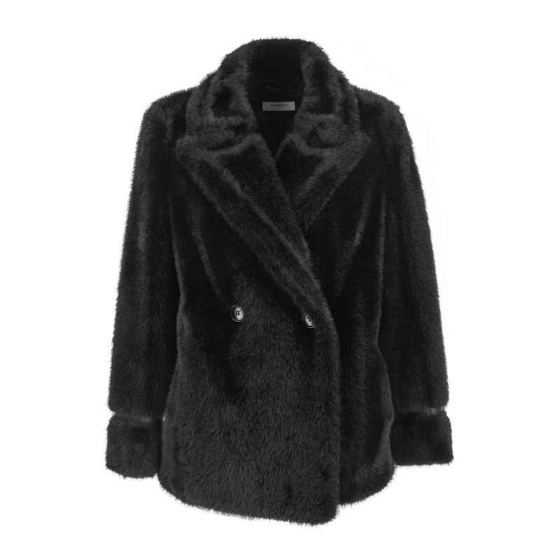 Black Coat with Classic Lapels in Faux Fur Woman