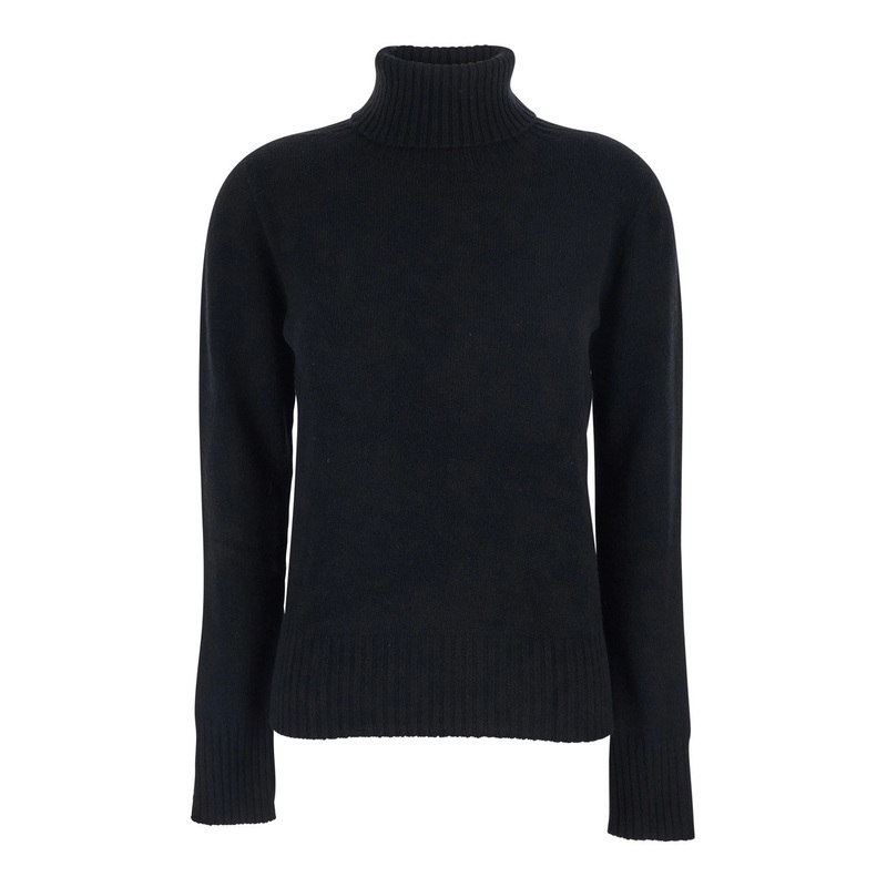 Black Turtleneck Sweater with Ribbed Trims in Wool Woman