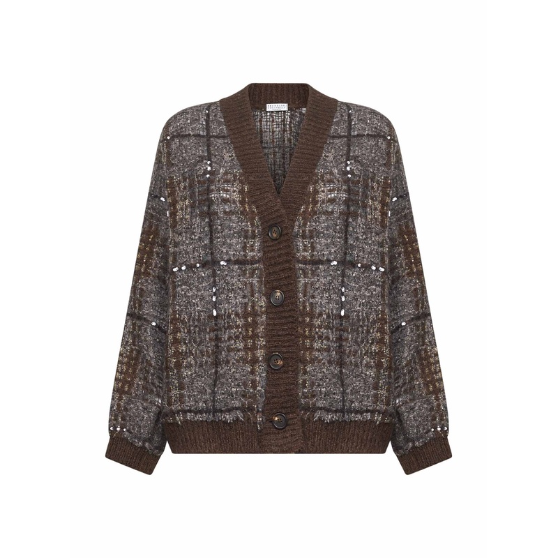 Brown Jacquard Check Embroidered Cardigan