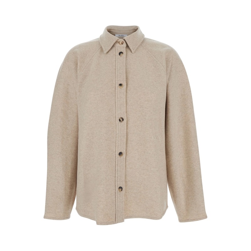 ‘Ceci’ Beige Cardigan with Classic Collar and Logo Lettering on the Front in Cashmere Woman