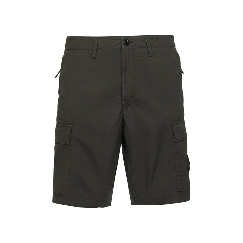 Green stretch cotton canvas cargo Bermuda shorts