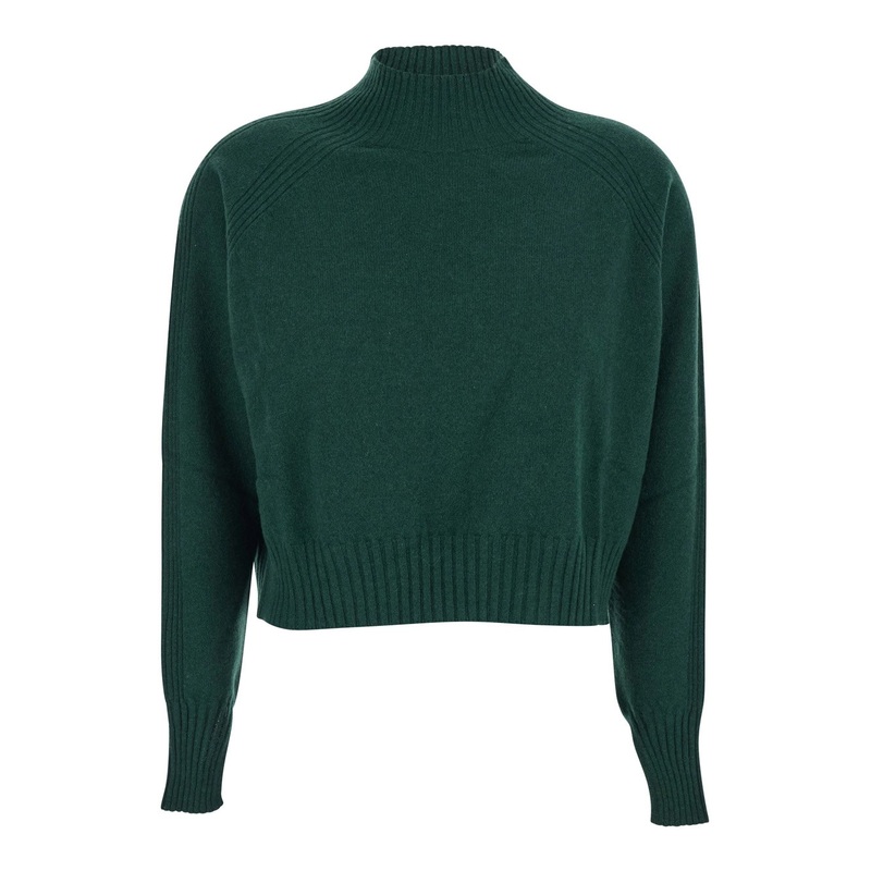 Green Turtleneck Sweater with Crop Design in Cashmere Woman