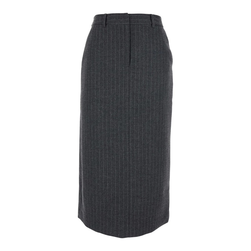 Grey Long Skirt with Belt Loops and Rear Single Slit in Wool Blend Woman
