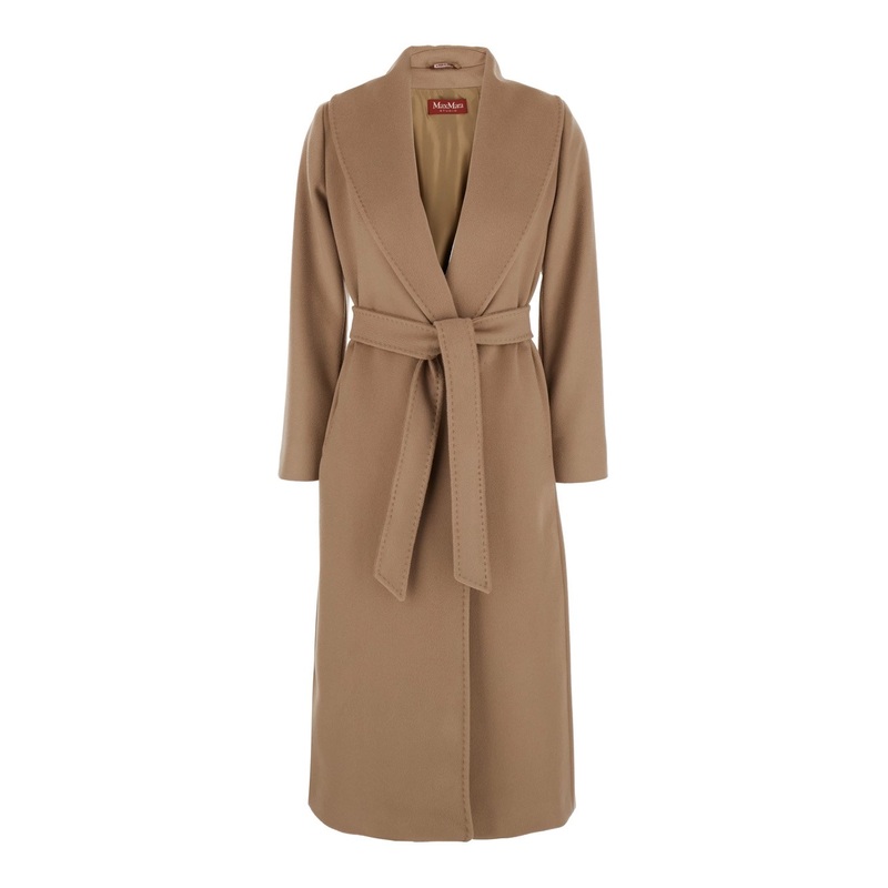‘Loriana’ Beige Coat with Shawl Revers and Front Belt Closure in Wool Woman