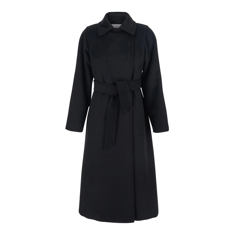 ‘Manuela’ Black Coat with Belt at the Waist and Classic Collar in Wool Woman