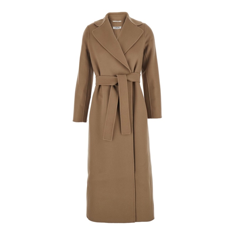 ‘Poldo’ Brown Belted Coat with Wide Notched Revers in Wool Woman