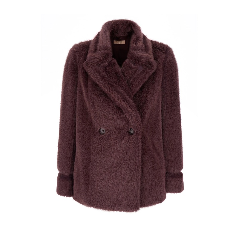 Violet Double-Breasted Coat with Peak Revers in Ecofur Woman