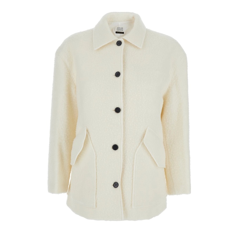White Jacket with Classic Collar and Two Front Diagonal Pockets in Wool Blend Woman