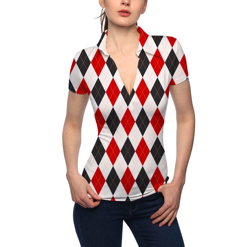 Argyle Women’s Red black grid V Neck Golf Polo