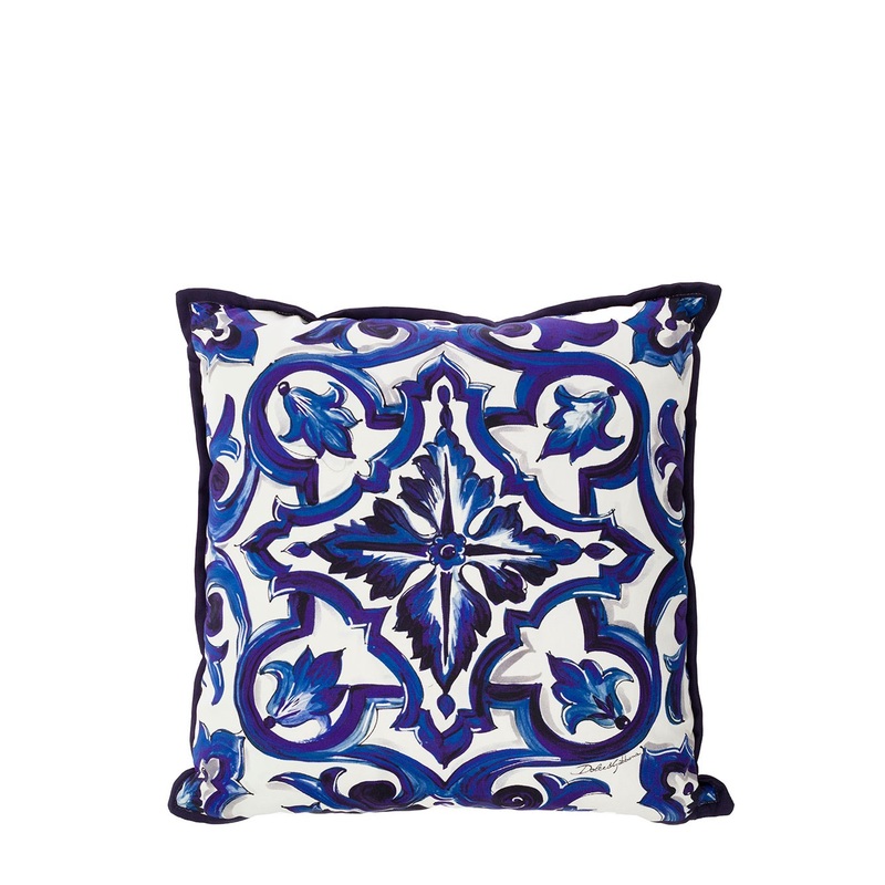 Blue and White Small Cushion with Blue Mediterranean Print in Cotton Dolce & Gabbana