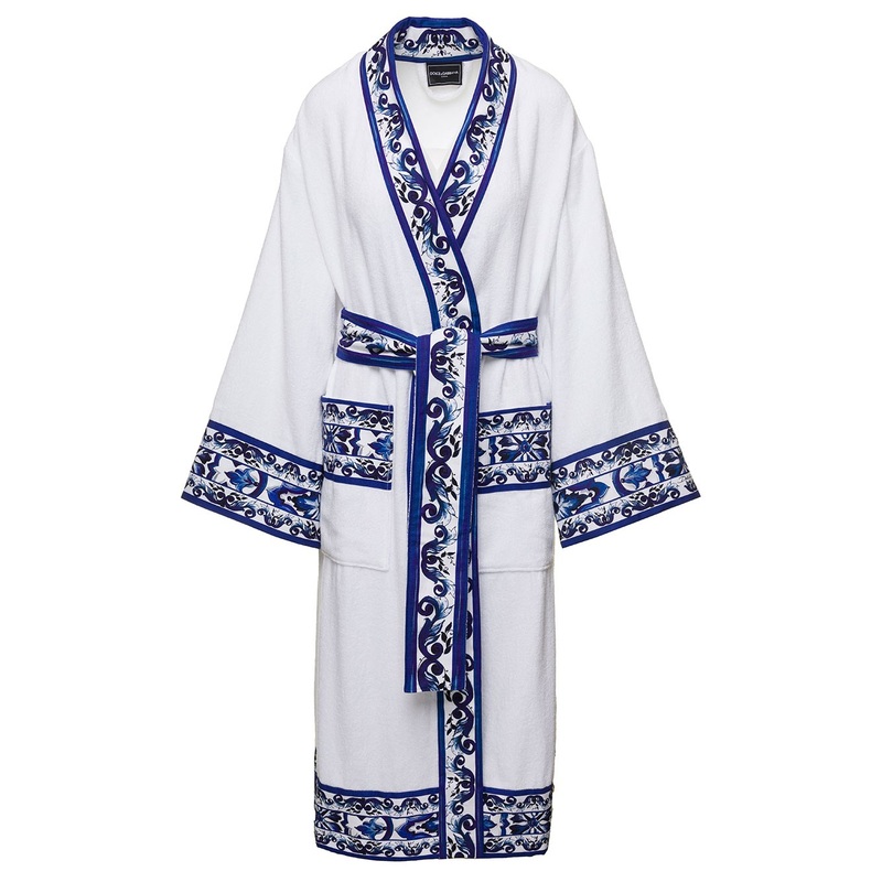 White Kimono Bathrobe with Blu Mediterraneo Trim in Cotton Dolce & Gabbana