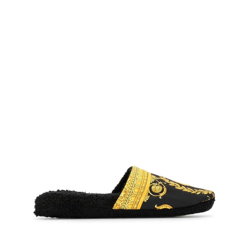 Black and Gold House Slippers in Cotton and Terry with Baroque Print
